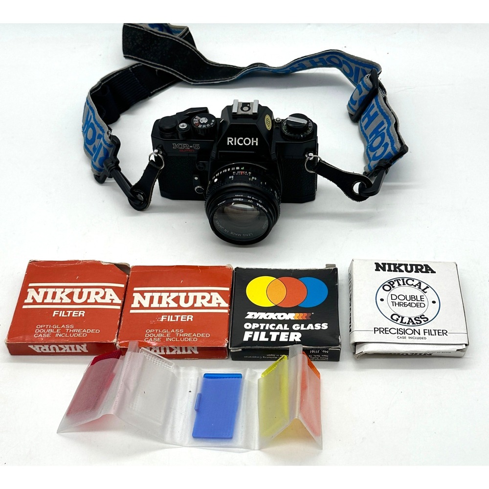 Ricoh KR-5 Super 35mm SLR Film Camera w/Rikenon P 50mm f/1.7 Lens Nikura Filters